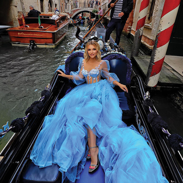 Kristina: Cobalt Elegance Draping a Venetian Gondola