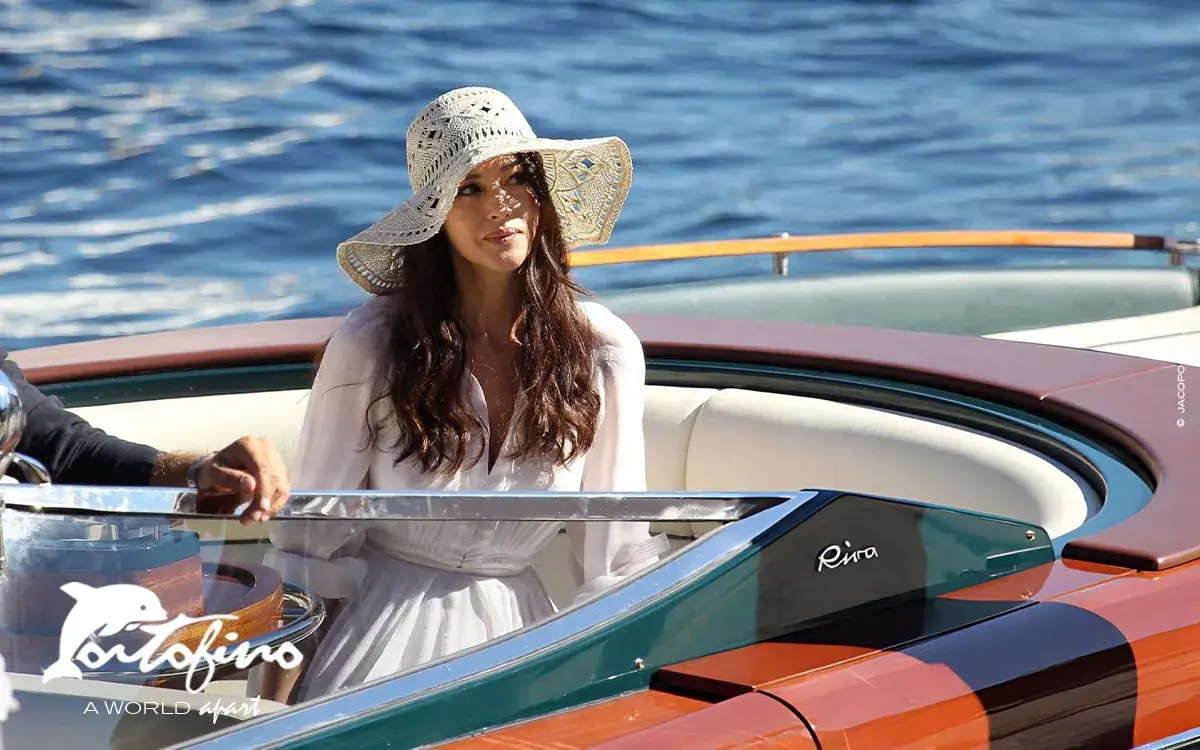 Actress Monica Bellucci on the set of 'Perlage' TV commercial on September 14, 2012 in Portofino, Italy.