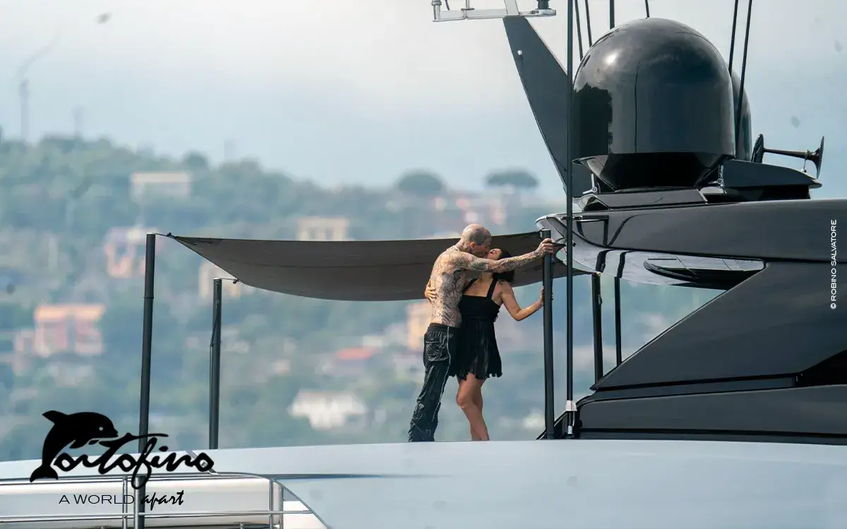 Travis Barker and Kourtney Kardashian are seen on May 22, 2022 in Portofino, Italy