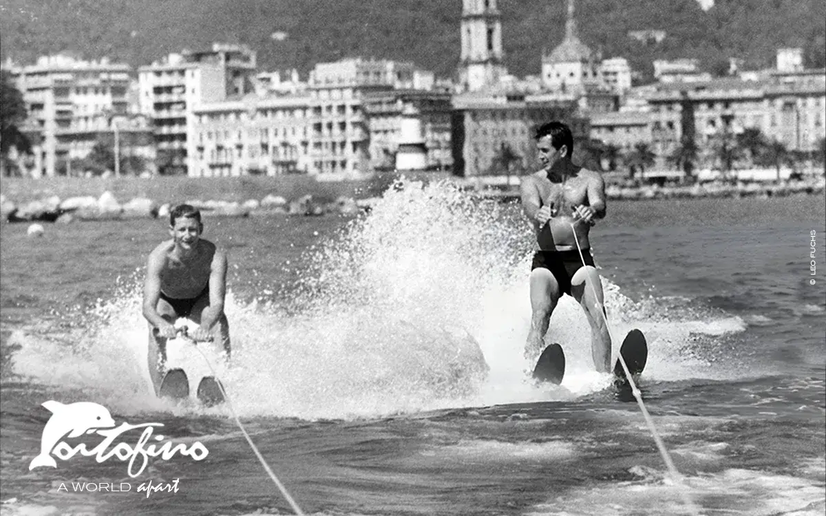 Rock Hudson Waterskiing near Portofino, Italy in 1960.